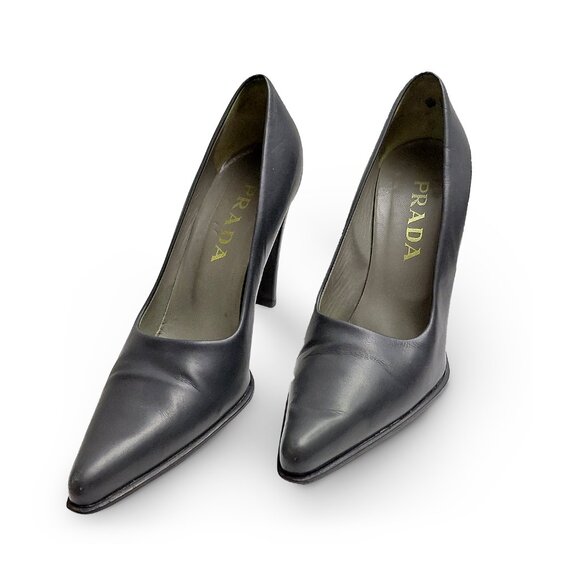 Prada Womens Dark Gray Leather Italy Slip On Stiletto Pump Heels Size 37.5 - Picture 3 of 12